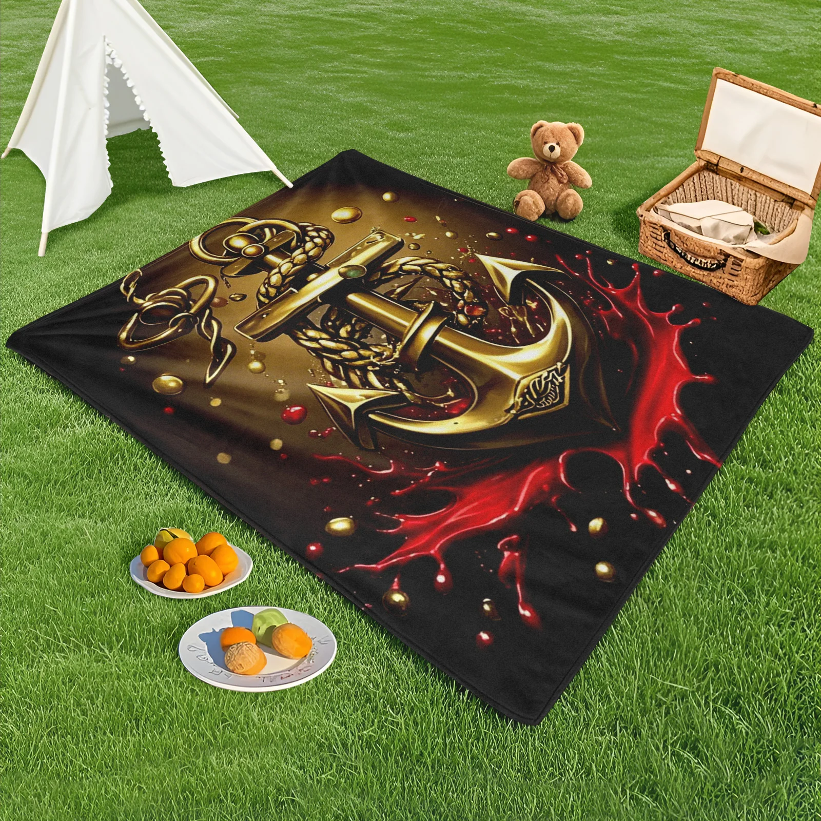

Golden Anchor With Liquid Red Design Outdoor Blanket Durable And Stylish For Adventure Enthusiasts Unique Use