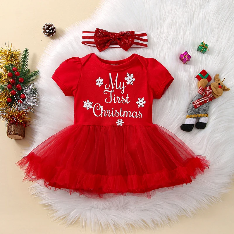 Toddler Girl s Holiday Romper Long Sleeve Round Neck Reindeer Print Dress Jumpsuit Glitter Bow Headband Set for Christmas