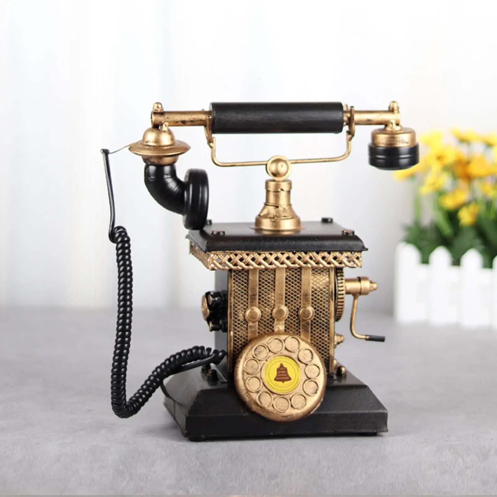 Antique Telephone Replica Metal Sculpture Retro Rotary Dial Phone Model Black Gold Finish for Office Shelf Cafe Decor Accent
