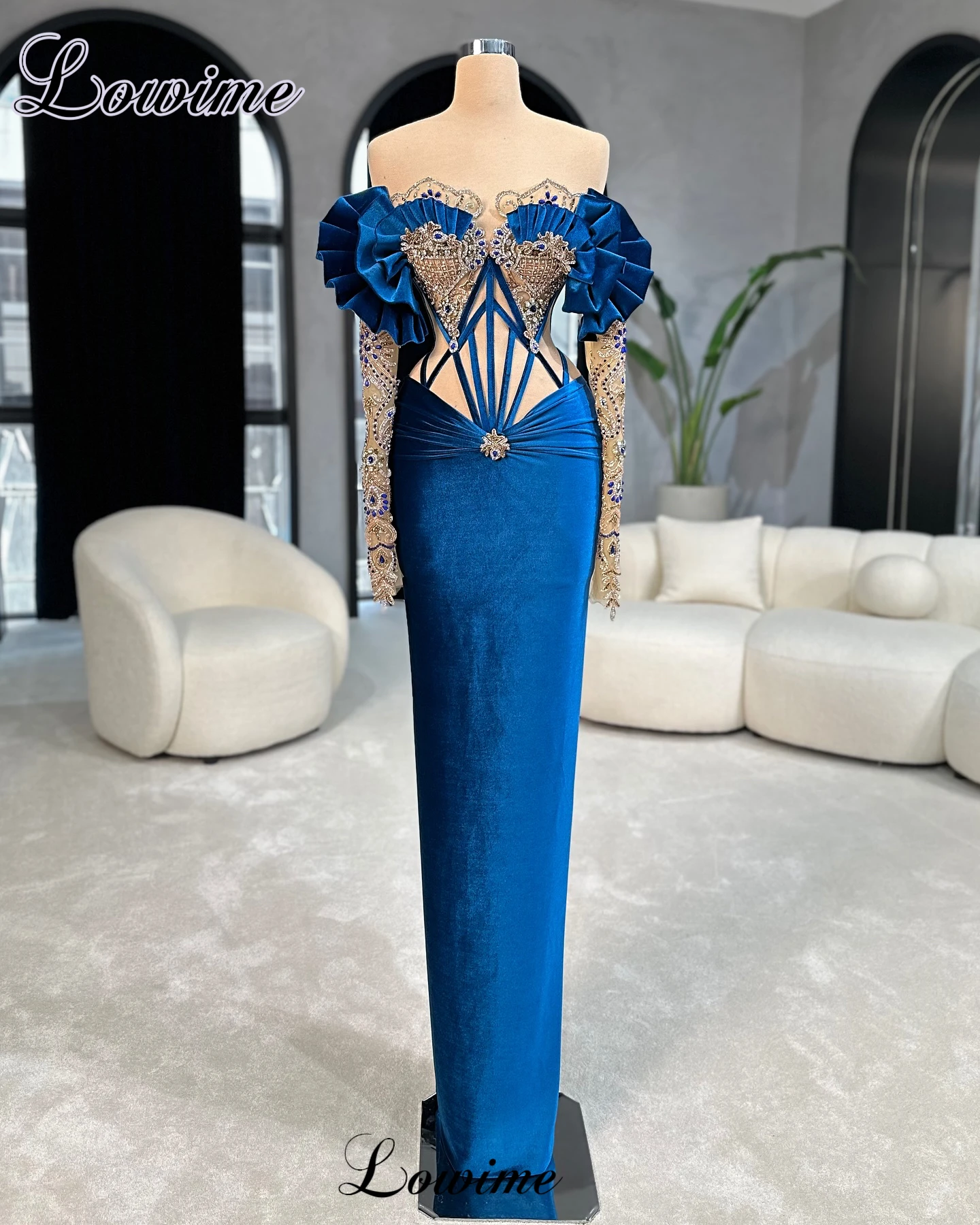 Newest Royal Blue Cocktail Dresses Crystals Off Shoulder Celebrity Dress Mermaid Photography Gowns Vestidos De Cóctel customized