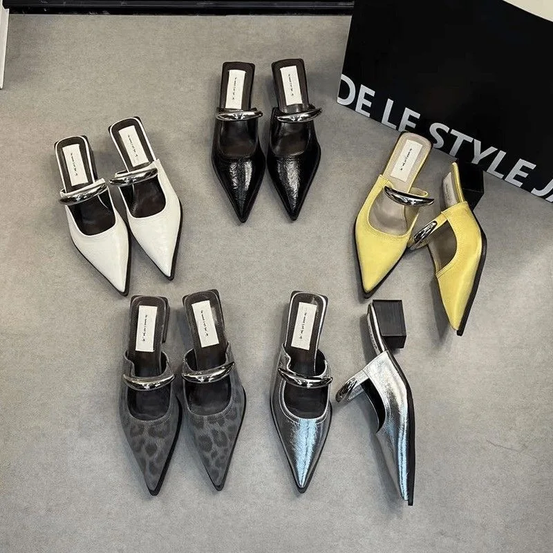 

2026 New Women Cover Toe Mules Slippers Fashion Metal Decoration Thick Heel Slide Shoes Comfort Street Style Footwear