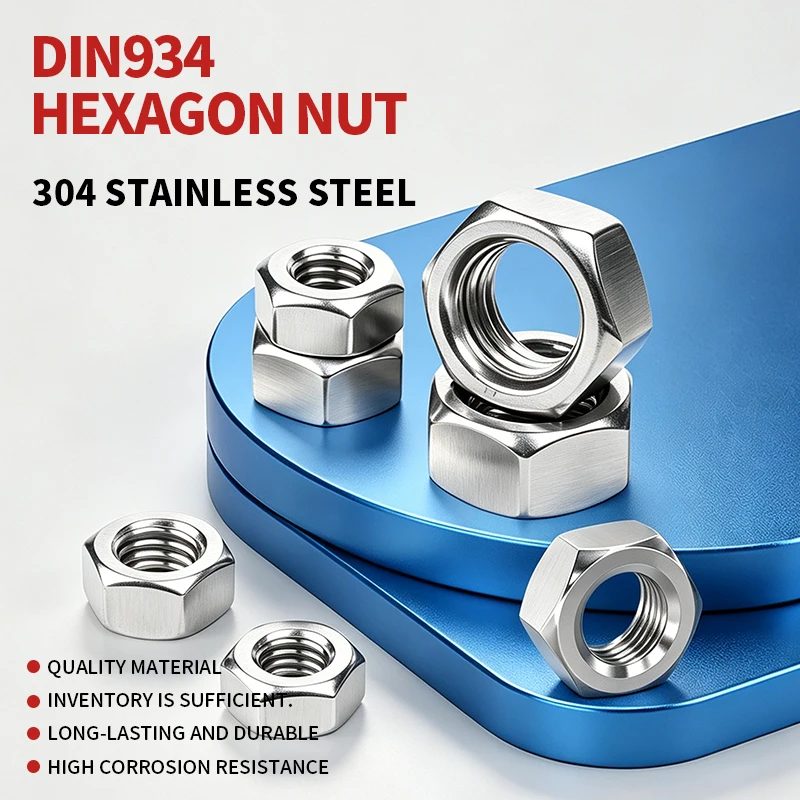DIN934 Metric Thread Hexagon Lock Nuts A2-70, 304 Stainless Steel Hex Nut Fasteners Six-sided Thread Nuts M1.2-M30 M3 M4 M5 M6 M
