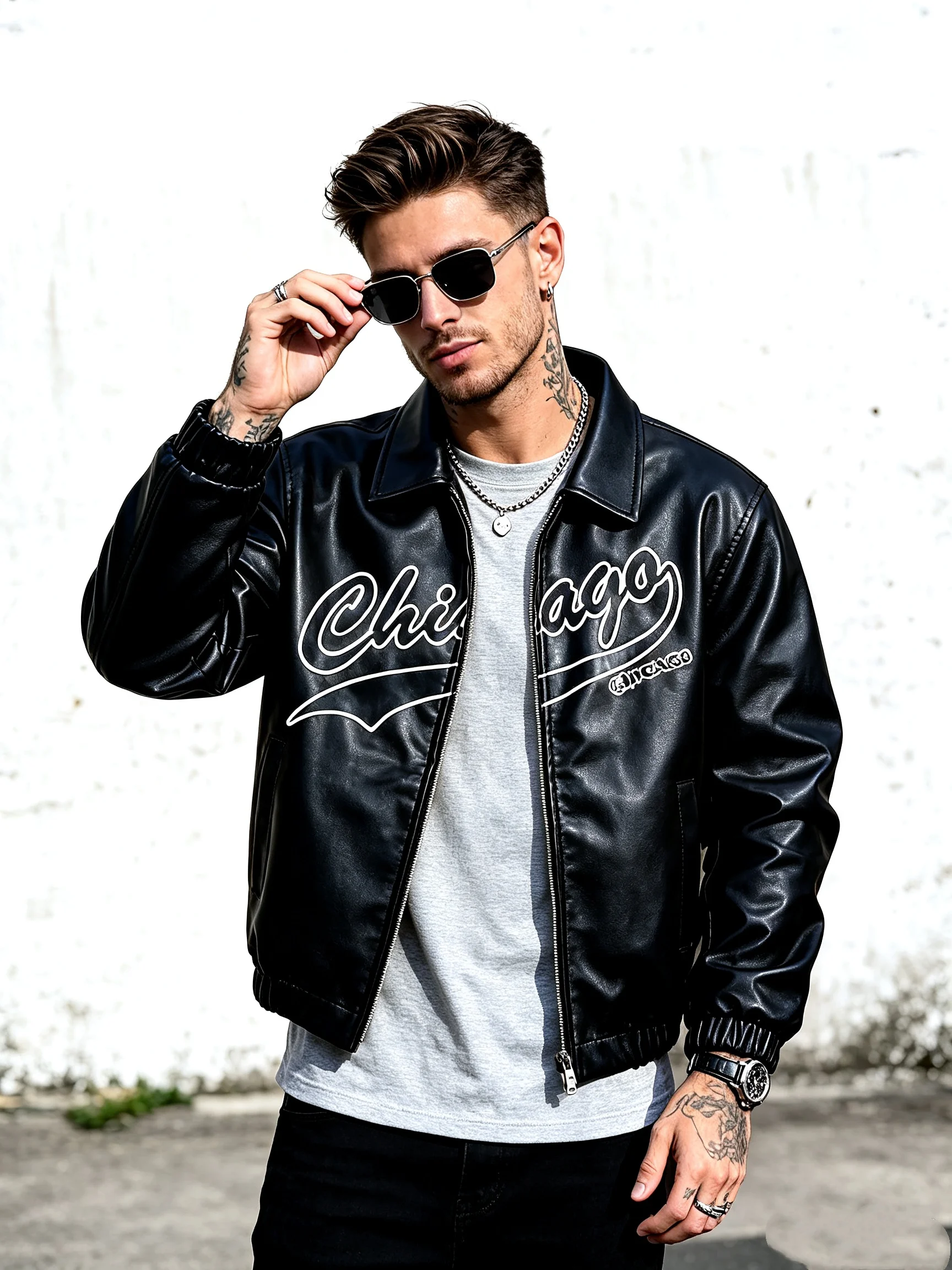 Men's Faux Leather Zip Up Jacket Chicago Letter Print Lapel Collar Elastic Cuff Streetwear Casual Outerwear