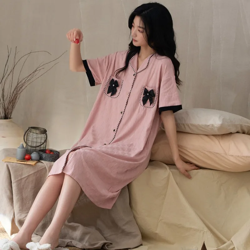 

Sexy Nightdress Women's Short-Sleeved Cardigan Large Size Nightgown 2024 Summer Pajamas Female Lapel Mid-Length Casual Homewear