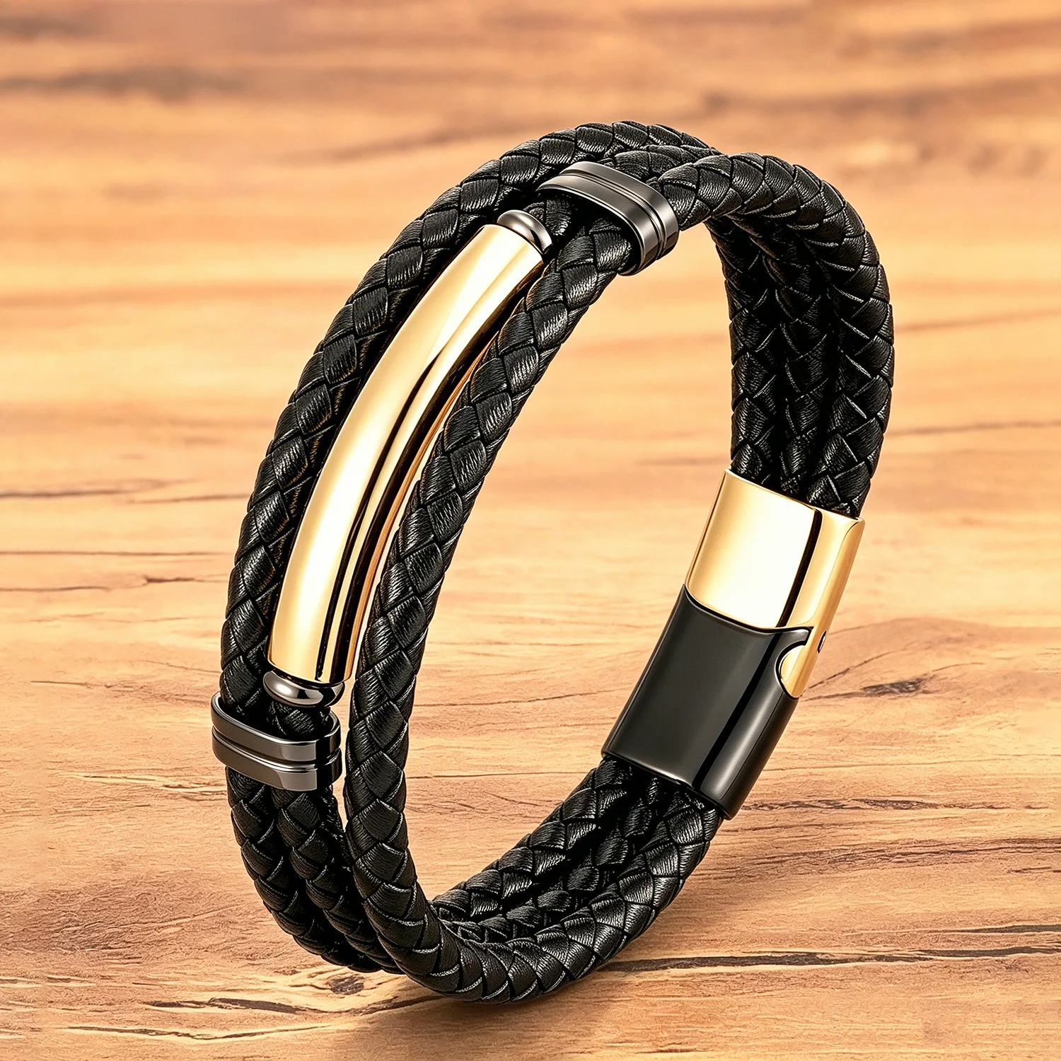 Luxury Minimalist Men's Braided Leather Bracelet Double Strand Black Weave Rope Stainless Steel Clasp Gift for Boyfriend Husband