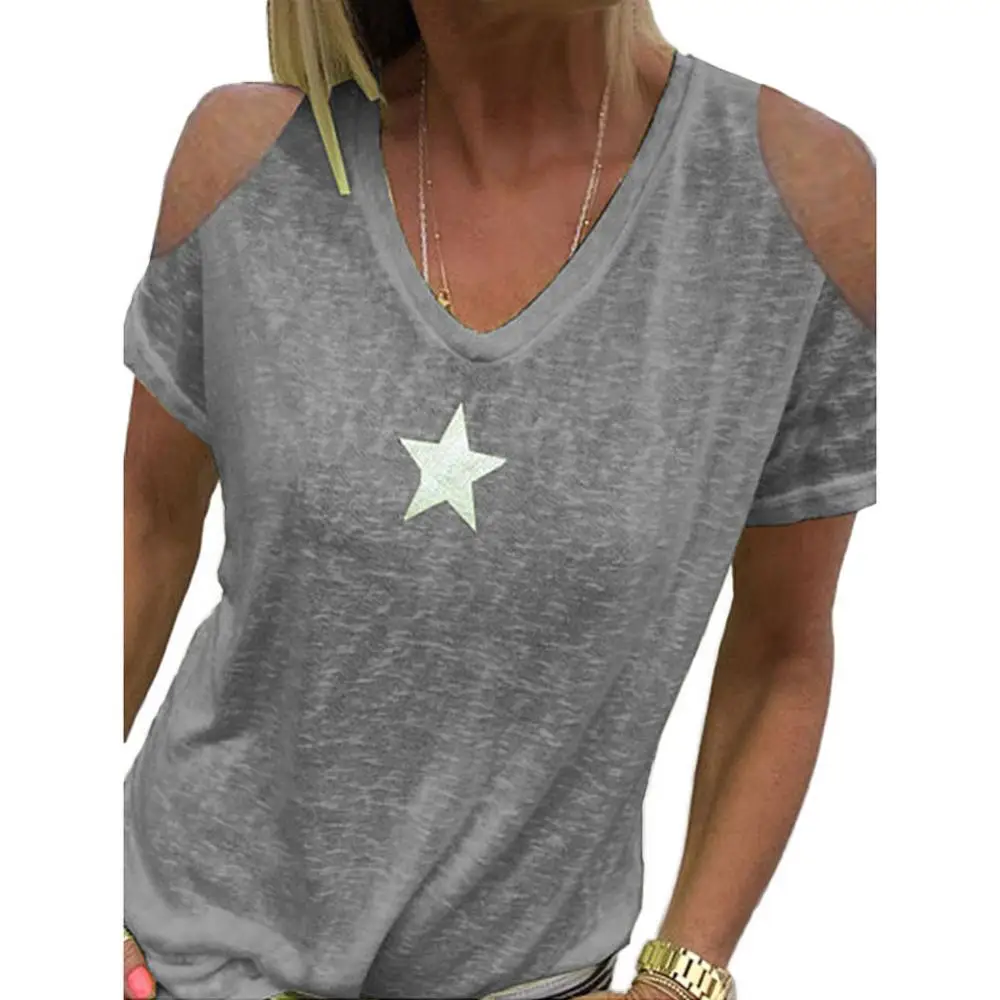 Women T-Shirt Summer Cold Shoulder Star Print V Neck Solid Color T-shirts Women gym fitness Tee Tops camisetas футболка