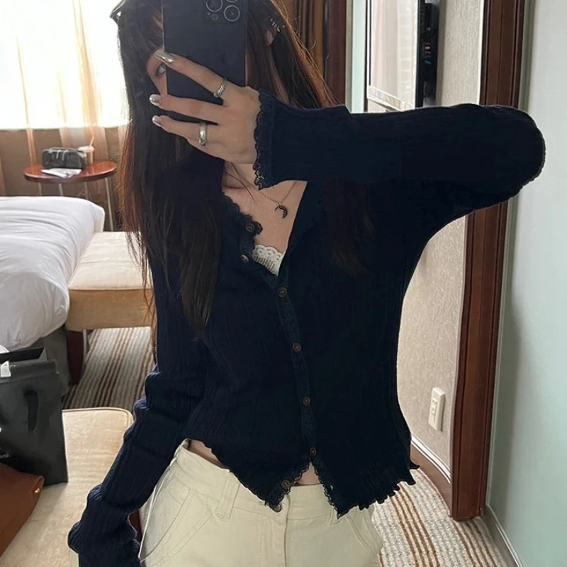 Women Lace Patchwork Knit Cardigan Round Neck Long Sleeve Button Down Sweet Elegant Casual Cropped Top