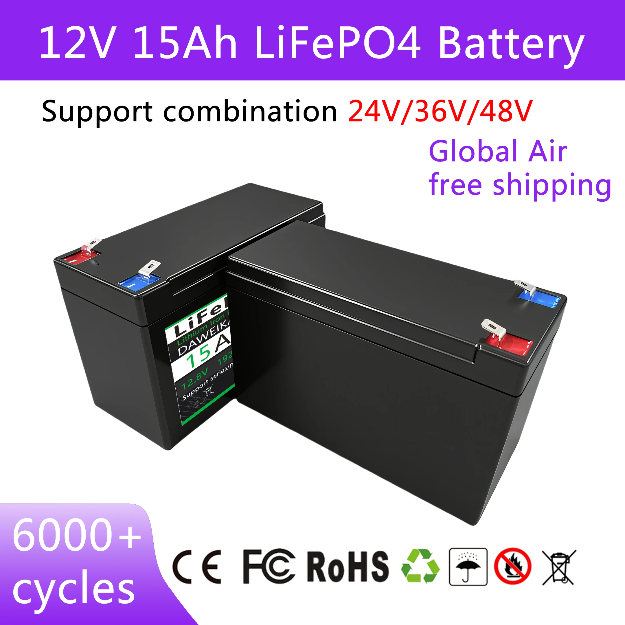 

12V 15Ah LiFePO4 battery pack Built-in 30A BMS For Sprayer Access control audio UPS Kid's Toys Electric vehicle 12V power supply