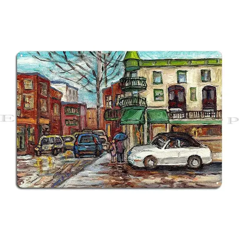 City In The Rain Umbrella Couple Stroll Rue St Viateur Montreal Quebec Artist Metal Sign Poster Wall Cave Living Room