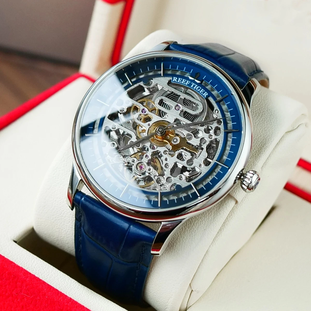 Reef Tiger/RT Mens Designer Automatic Watch Steel Case Skeleton Dial Blue Leather Strap Mechanical Watch Relogio Masculino