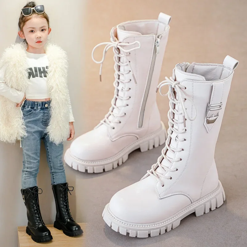 

Elegant Zipper Baby Girl Casual Fashion Boots Autumn/winter Round Toe Warm Thick Sole Lace Comfortable Children's Midsole Boots
