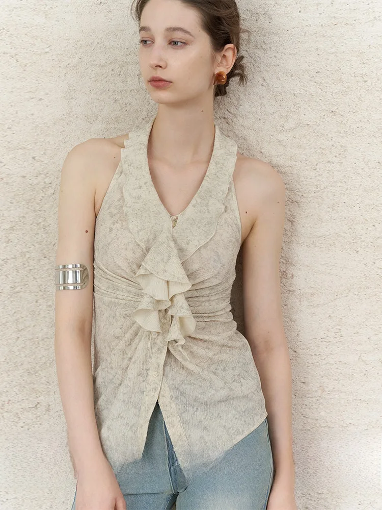 

Textured Fabric Ruffle Hem Vest Women's Outerwear Ne Hanging Design Original Sle Polyester Spandex ort Length Pure Color