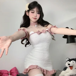 Cute Plush Little Bear Dress Cosplay Costume Sweet Maid Uniform Backless Nightgown Kawaii Lingerie Girl Anime Roleplay Underwear