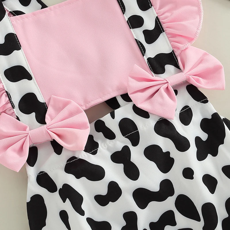 Summer Baby Girls Romper Dress Infant Sweet Style Cow Print Splicing Bow Decoration Fly Sleeve Suspender Jumpsuit + Headwear Set