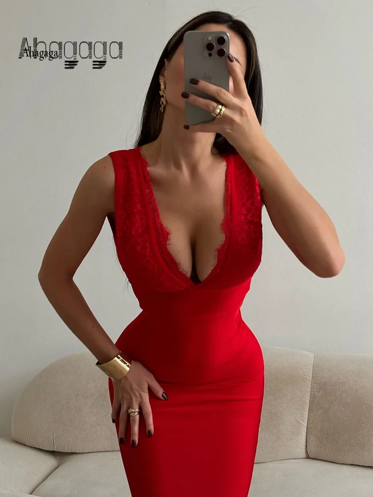 

Lace Patchwork Dresses For Women Fashion Sexy Club Solid Tank Deep V-Neck Sleeveless Sheath Elegant Midi Vestidos Robes Female