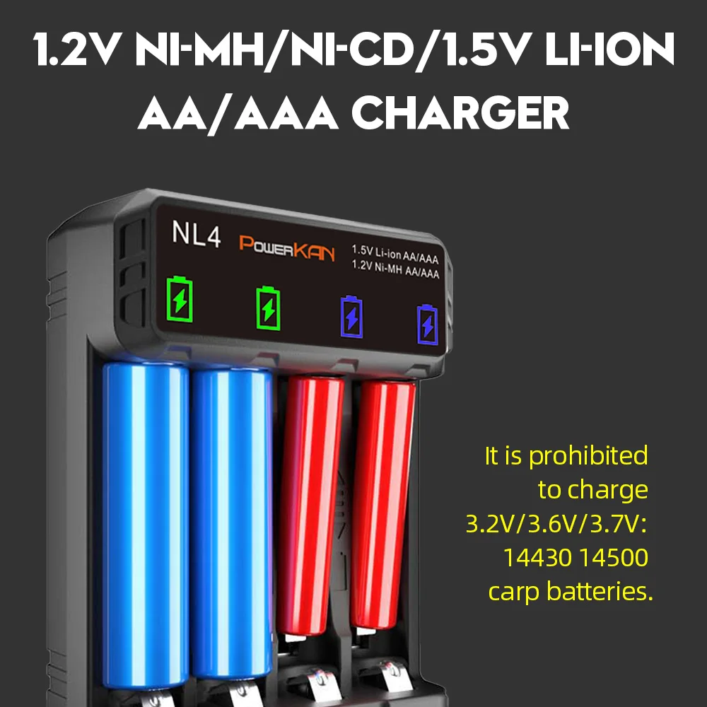 POWERKAN NL4 pil şarj cihazı, 4 yuvaları bağımsız Spport 1.2V Ni-MH ni-cd ve 1.5V Li-ion AA/AAA pil şarj