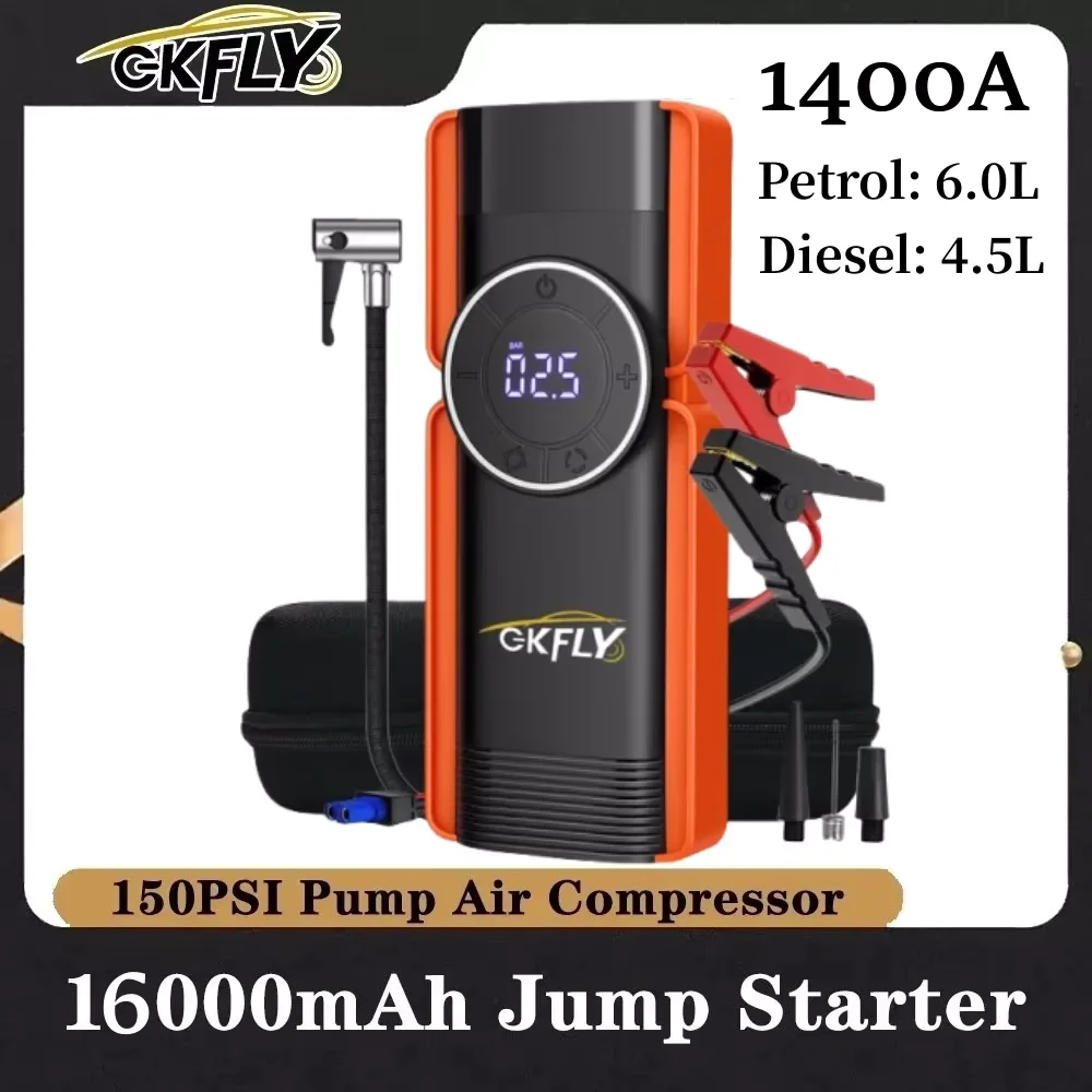 Portable 1400A Car Jump Starter 150PSI Air Compressor 16000mAh Power Bank Air Pump Tire Inflator Car Ignition Starter Booster