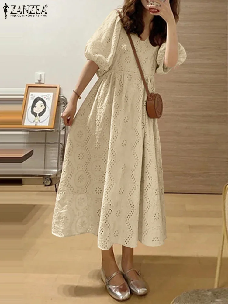 Zanzea moda verão a linha vestido solto feminino elegante puff manga festa de férias vestidos rendas crochê vestido bordado vestido de verão
