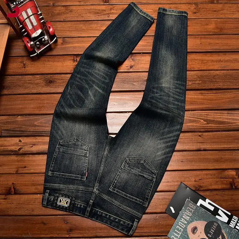 Fashion High-End Men's Jeans Autumn Winter New Ripped Patch Stretch Slim Fit Retro Vintage Long Pants