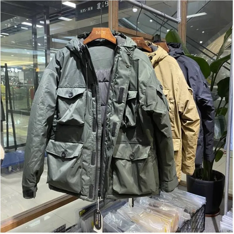 Retro Hooded Tooling Padded Jacket Men\'s Loose Multi-pocket Thickening Functional Storm Suit Outdoor Driving Riding Cotton Coat