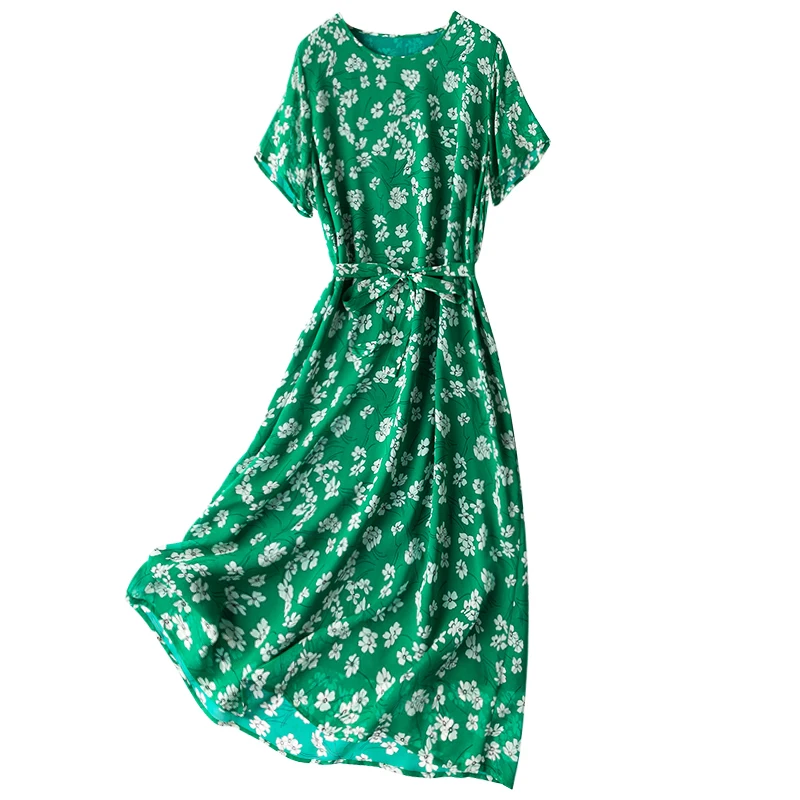 Vestido Floral Pequeno Artístico Verde, Dupla Camada, 100% Seda Natural Amoreira, Liberdade Em Torno Do Pescoço, Manga Curta, Vestido Fluindo