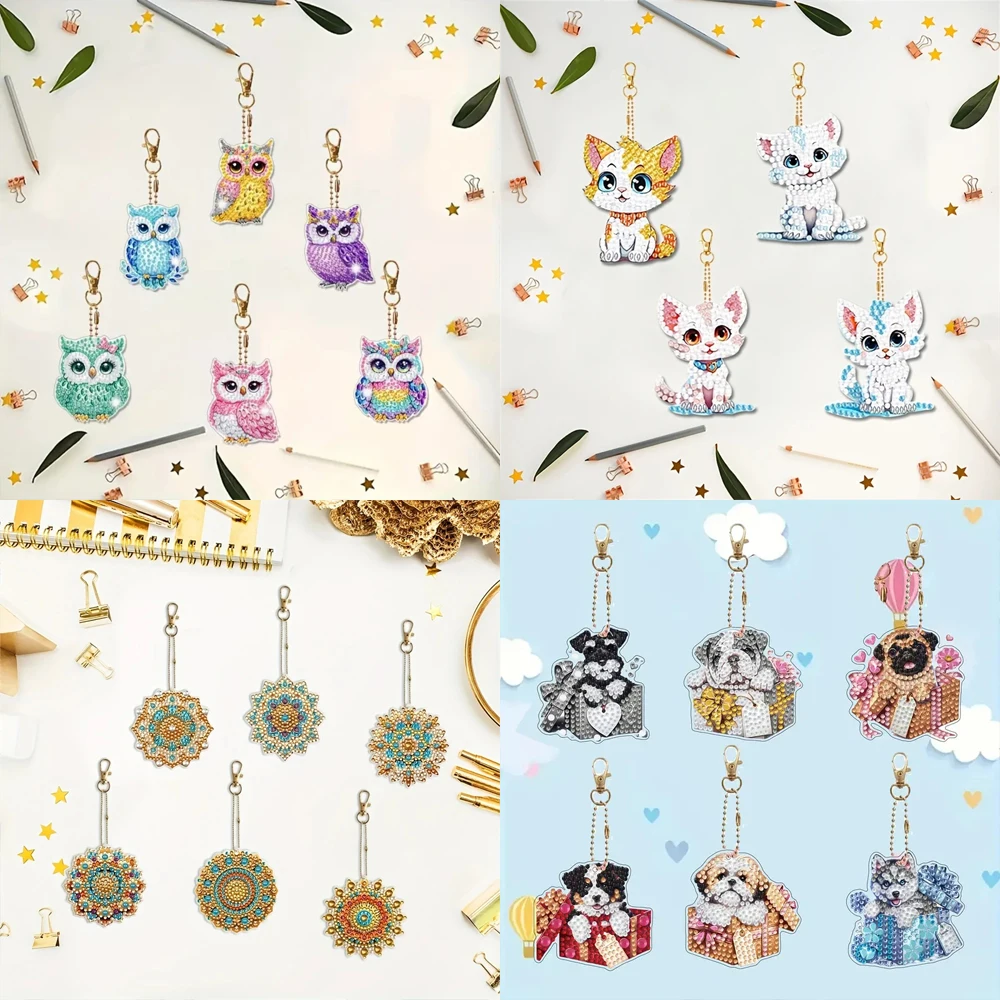 6-piece/set DIY Diamond Keychain - Owl Pattern Animal Series, Handmade Decoration, Diamond Painting Set Material, Handmade Mosai view 4