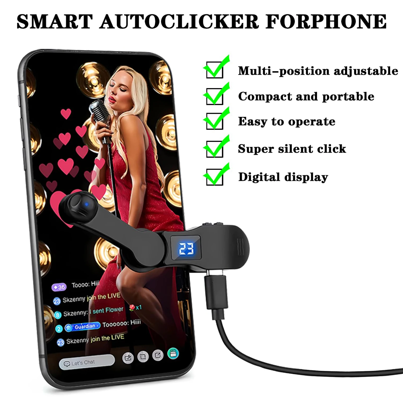 Auto Screen Clicker for Phone App Mini Simulated Finger Phone Clicking Clicker Clip-on Video Live Liker Game Screen Touch Device