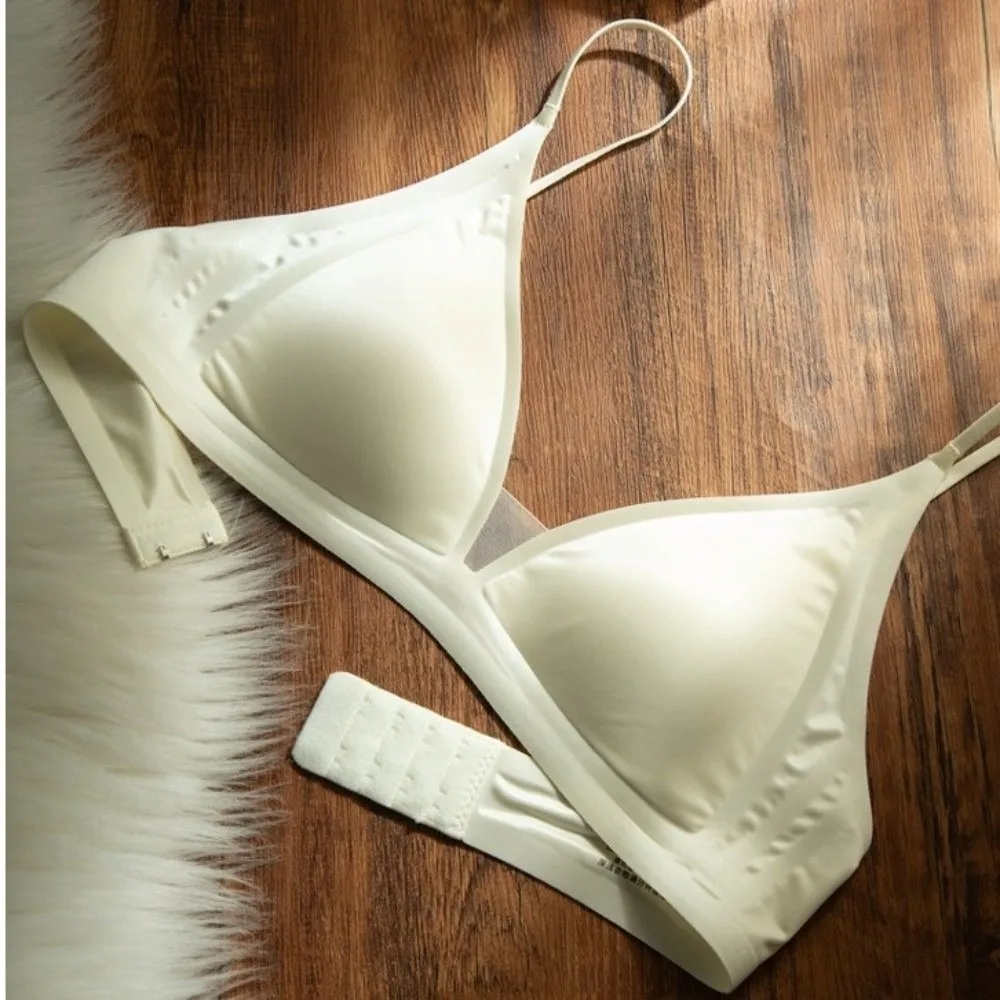 

Milk Satin French Deep V-neck Bra Wire Free Soft Support Triangle Cup Bra Adjusted Straps Slimming Fit Thin Strap Bra