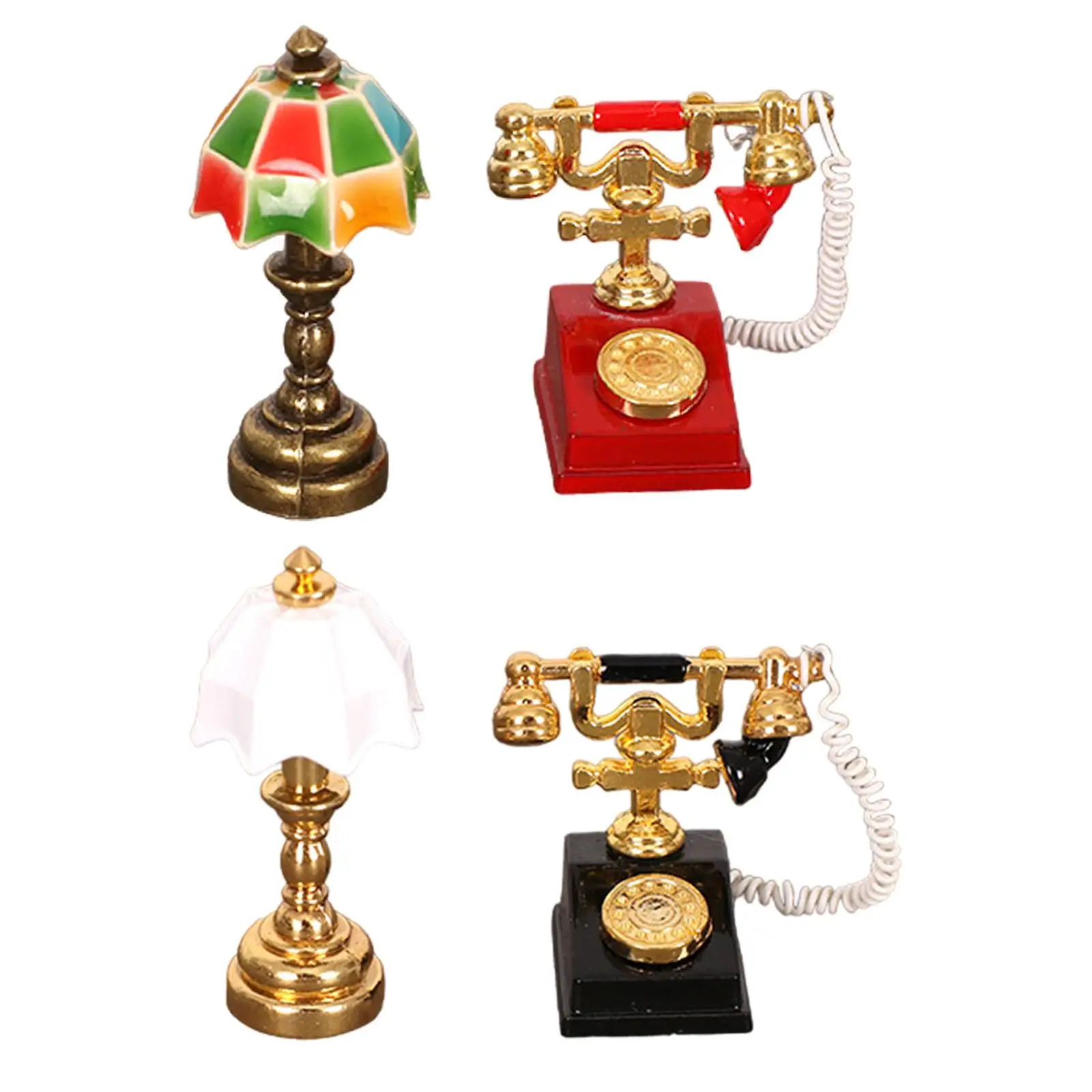 Dollhouse Miniature Lamp and Rotary Phone Set 1/12 Scale for Photo Props