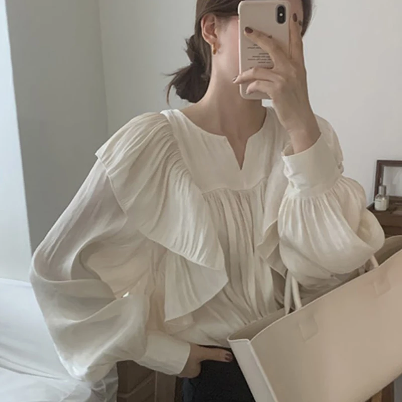 Korean Style Solid Loose Ruffled Folds Women Blouse Long Sleeve Casual Lantern Sleeve Women Blouse Half Open Collar Lady Tops