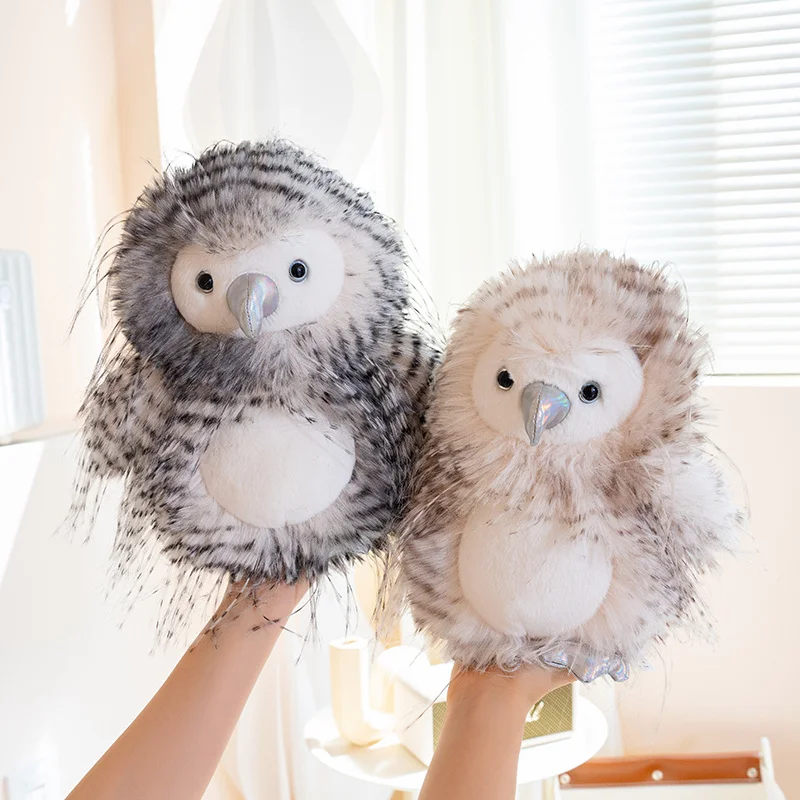 Cute Plush Owl Toy Pair Gray Black Speckled And Beige Brown Speckled With Silver Beaks Soft Stuffed Sweet Charming Bedroom