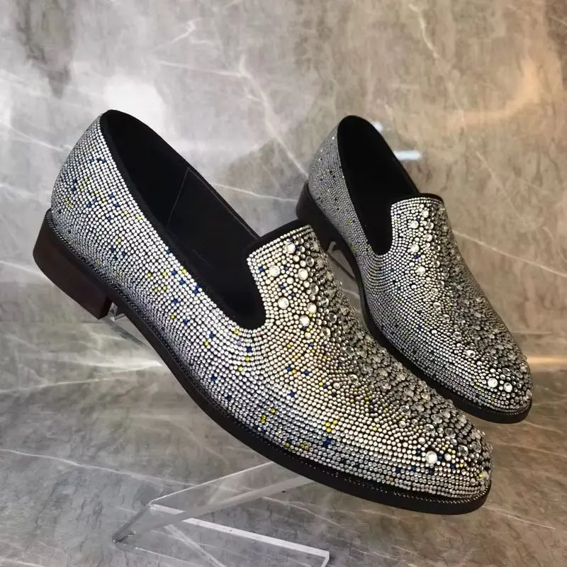 SHOOEGLE Rhinestone Loafers Oxford Shoes New Style Men Luxury Handmade Dress Shoes Casual Round Toe Wedding Party Shoes Men