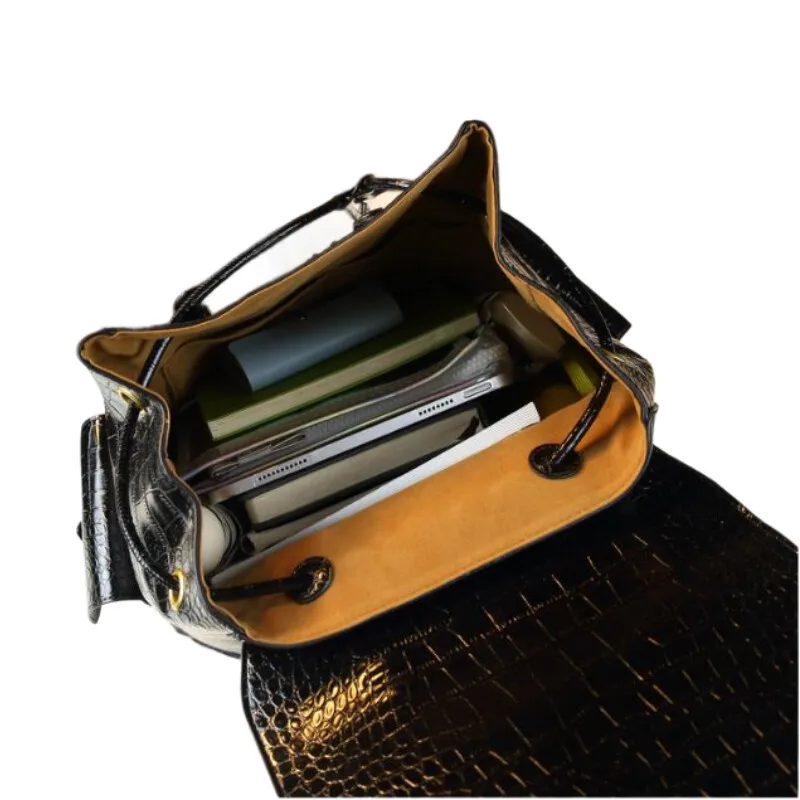 Genuine Cowhide Crocodile Pattern Travel Backpack - Unisex Large School Bag for Students & Office Workers with Anti-Theft Zipper