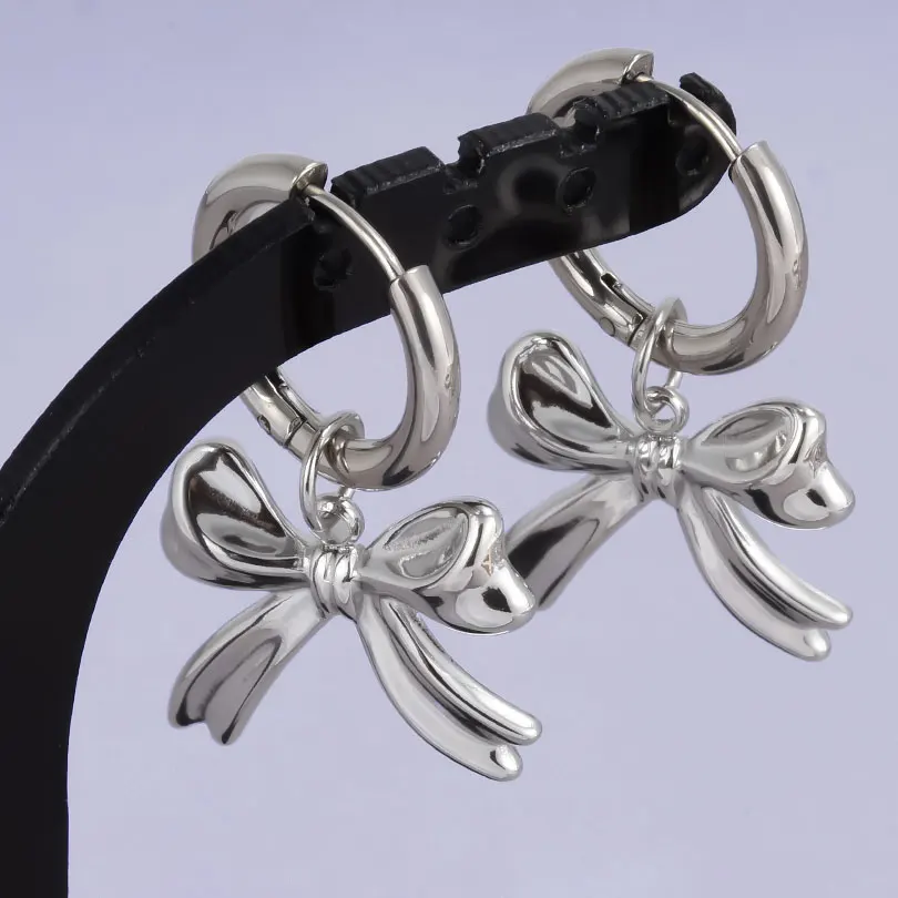 1pair Silver Color Love Heart Bowknot Charm Earring Stainless Steel Hoops Earrings For Women Men Accessories Sunflower Jewelry