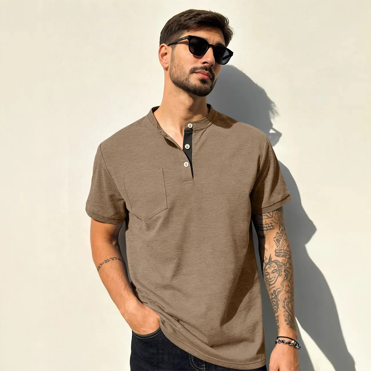 Men Henley Short Sleeve T‑Shirt Stand Collar Button Placket Chest Pocket Solid Summer Tops