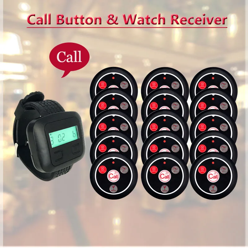 QWICALL 1-4 keys Buzzer Wireless Calling System 1 Watch Receiver Pager 15 Call Button Bell Transmitters for Restaurant Cafe