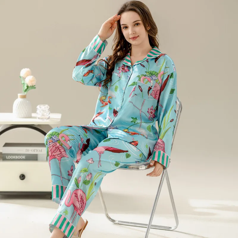 Women\'s Pajamas Sets Spring Autumn 2 Piece Flamingo Print Pyjama Faux Silk Satin Sleepwear Long Sleeve Pijama Mujer Pjs Homewear