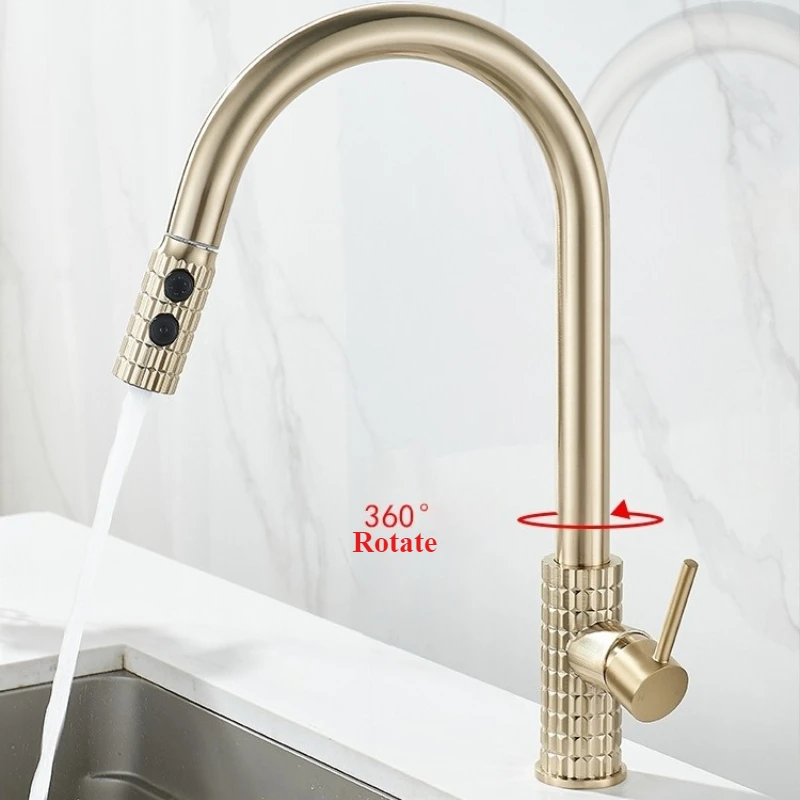 

Vintage Light Luxury Dual-Outlet Pull-Out Kitchen Faucet, Household Sink Multifunctional Hot and Cold Splash-Proof Faucet