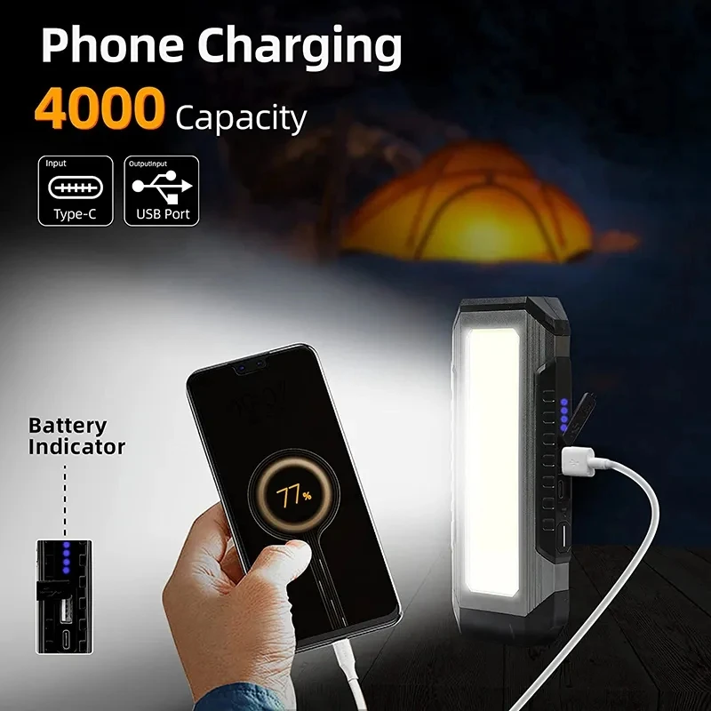 Luz de trabajo COB para acampar, linterna LED recargable por USB, Banco de energía 18650, lámpara portátil con imán, linterna impermeable de 4000mAh