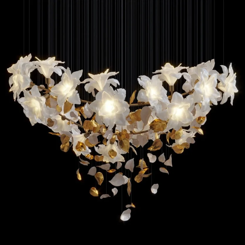 Luxury Gold Magnolia Glass Shade Lustre Chandelier, Dimmable Hardware Pendant Lamp for Villa, High-End Light for Ceilings