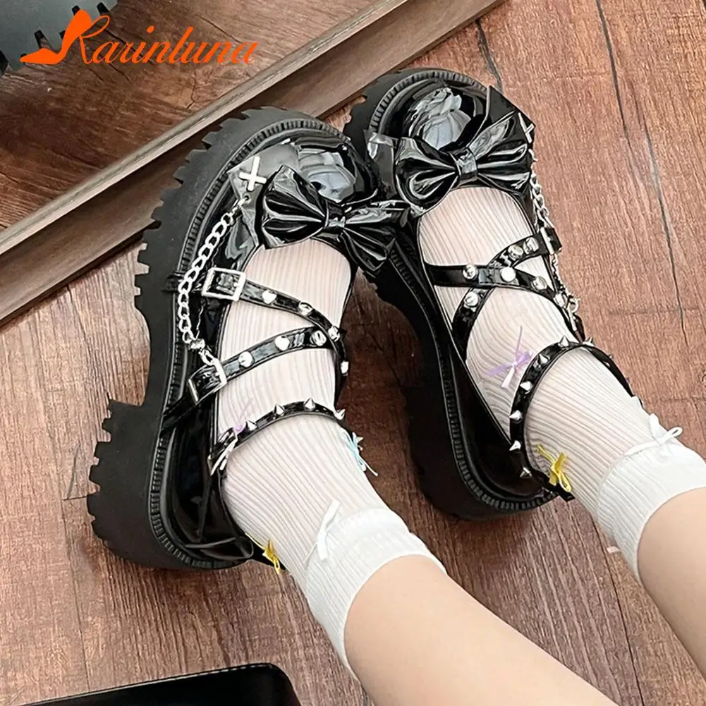 KarinLuna Summer 2023 New Fashion Lolita Pumps Thick High Heeled Mary Janes Shoes Punk Goth Shoes Bownot Buckle Strap Pumps images - 6