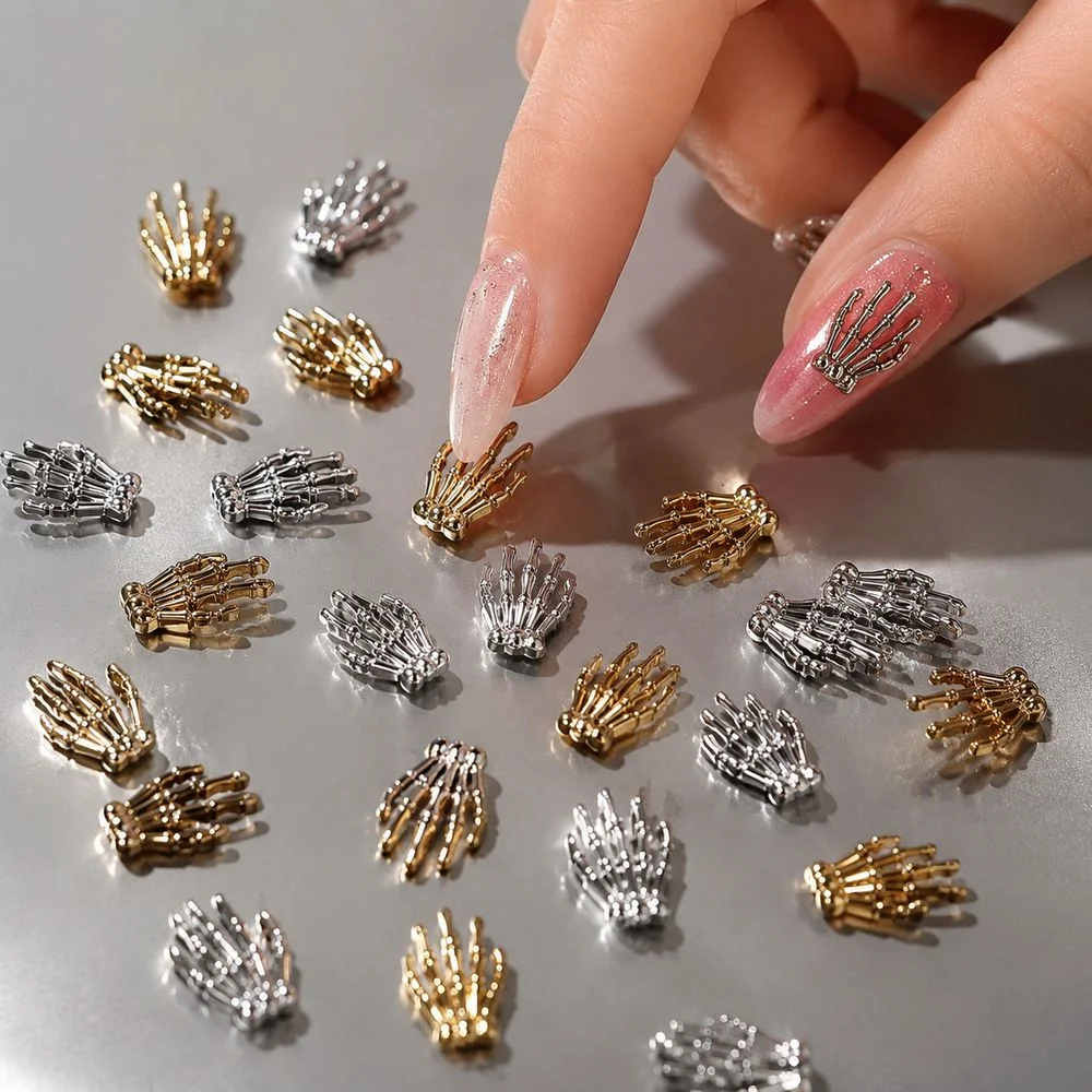 10Pcs 3D Punk Skeleton Hand Nail Charm Metal Alloy Skull Hand Nail Ornaments Gothic Halloween Accessory For Custom Manicure Work