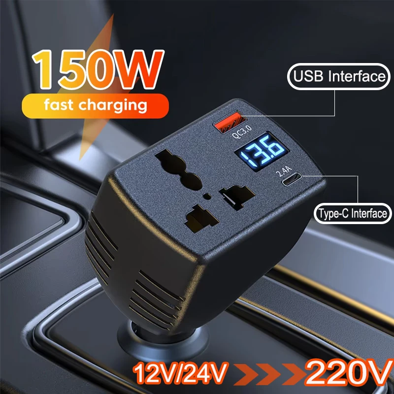KEBIDUMEI 150W 12V/24V zu AC 220V Zigarettenanzünder-Adapter Wechselrichter Schnellladung mit Display Typ-C USB-Ladegerät Auto-Zubehör