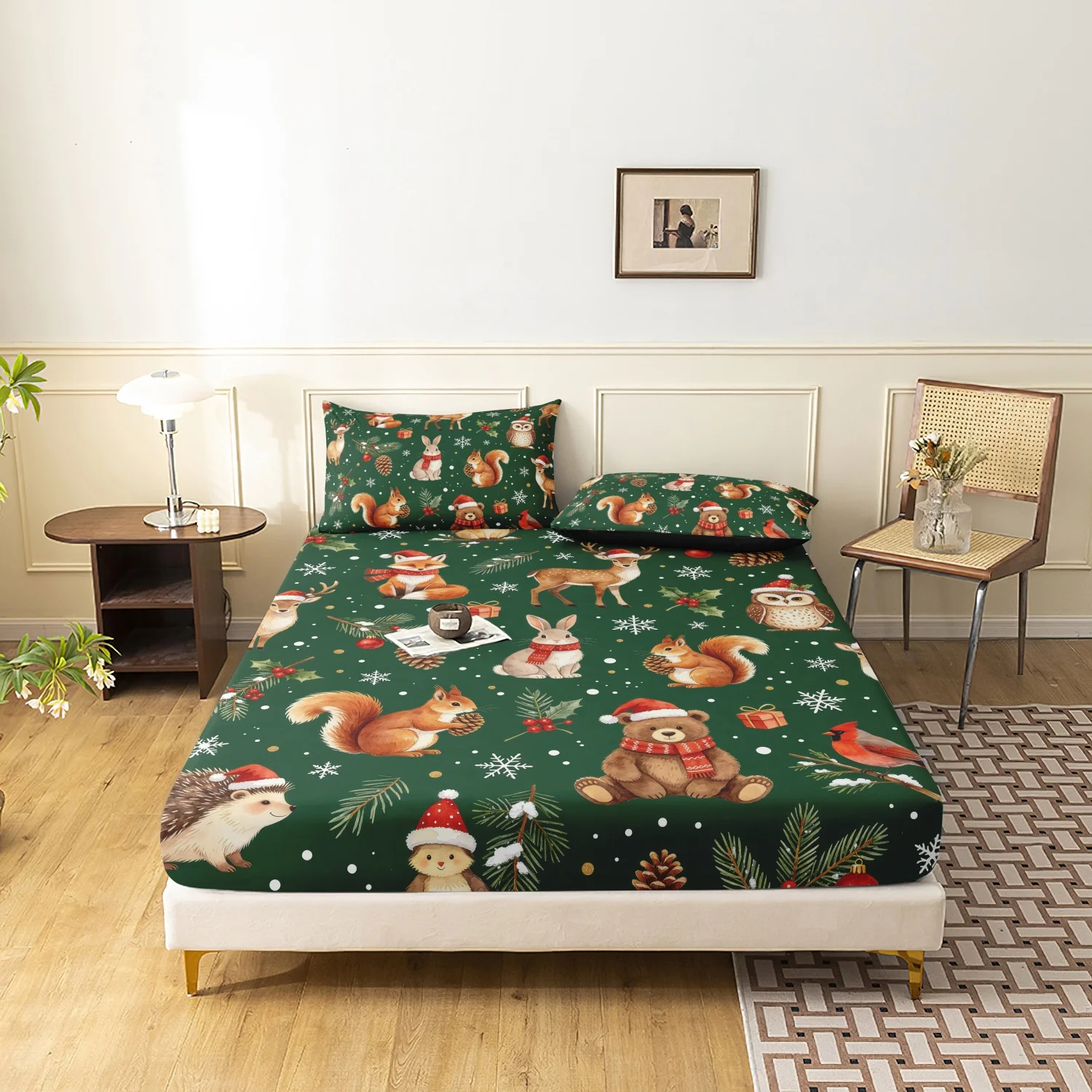 3Pcs Green Christmas Woodland Animal Fitted Sheet Set, Cute Bear Fox Squirrel Rabbit Owl Deer Print Bedding