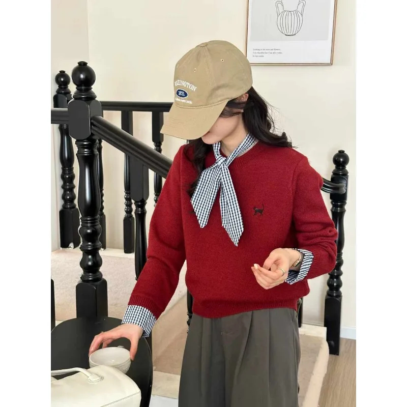 

Поддельный свитер из двух предметов, пуловер для женщин, осенне-зимний свитер с круглым вырезом, полосатый топ с мультяшной вышивкой