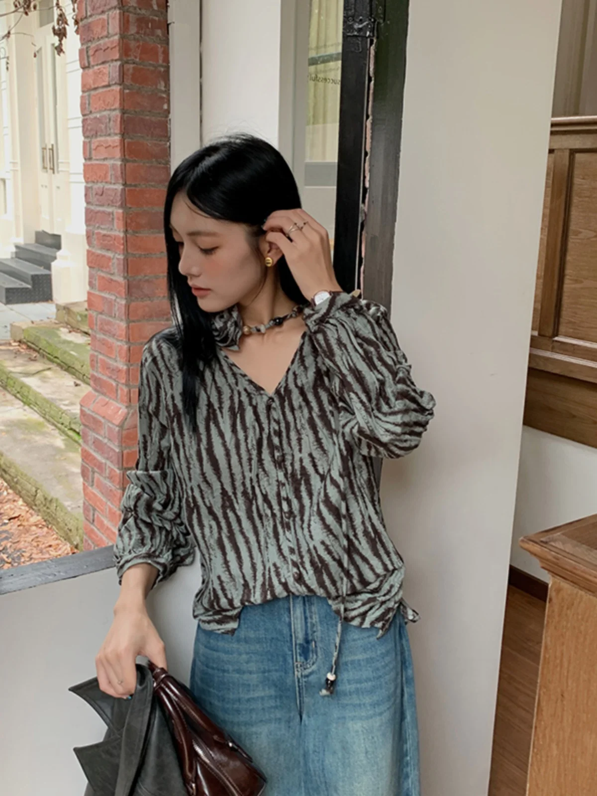 

Boran Long Sleeve Shirt Women's Versatile Autumn New Style Commute Korean Loose Fit Printed Belted Polyester Fiber Breathable