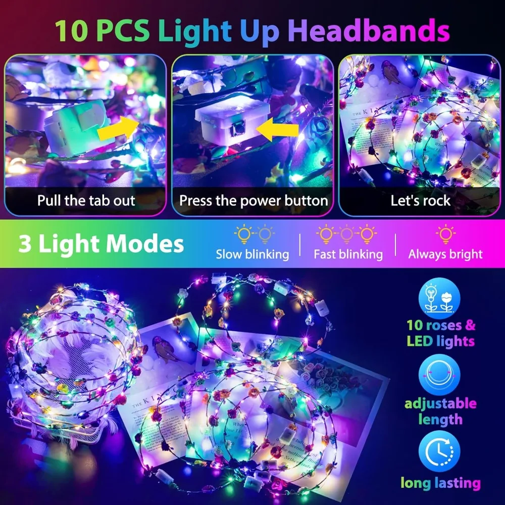 HONLYNE302 PCS Glow in the Dark Party Supplies, 20 LED Hair Clips Fiber Optic, 16 LED Glasses,