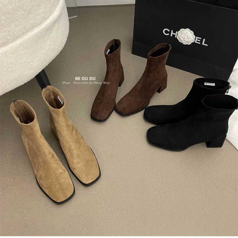 Autumn Winter Fleeces Women Sock Ankle Boots Fashion Square Heel Ladies Elegant Keep Warm Short Booties Women's Footwear