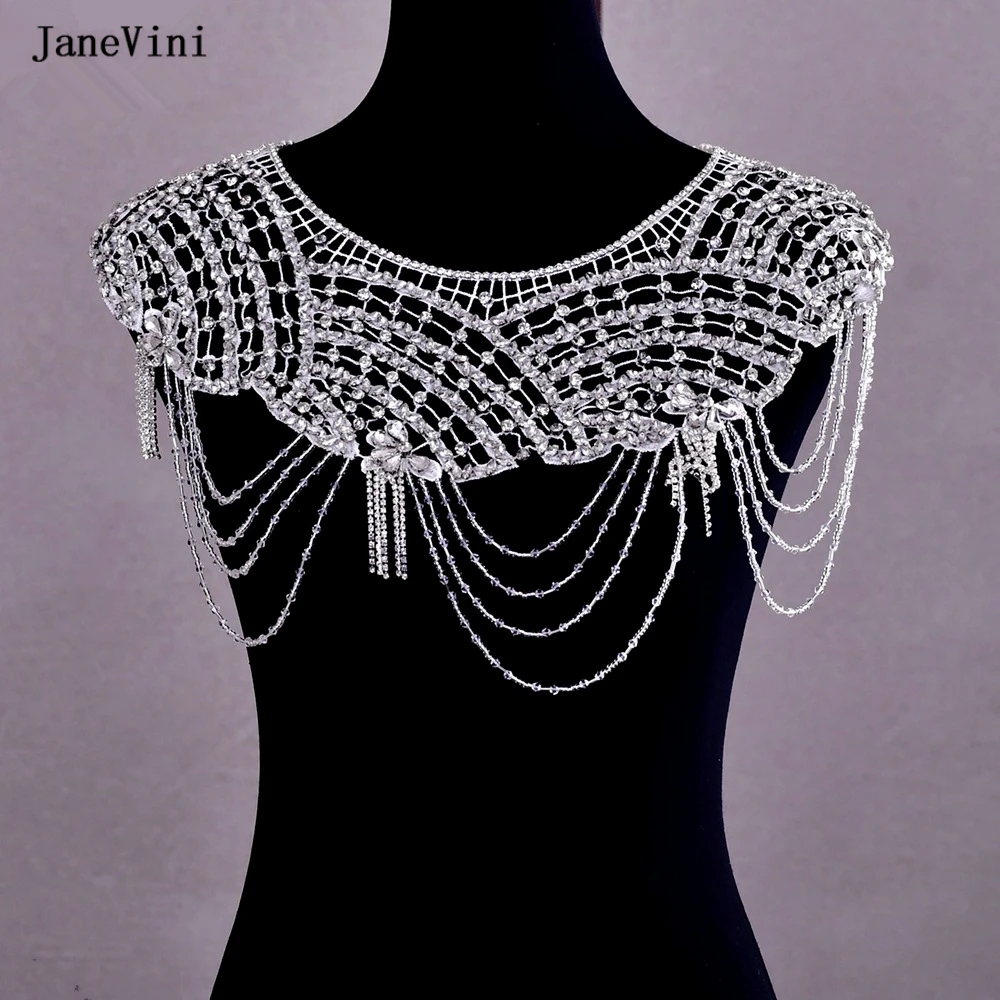 

JaneVini Luxury Rhinestone Pearls Necklaces for Women New Bridal Shawl Beaded Tassels Shoulder Chain Wedding Dress Body Jewelry