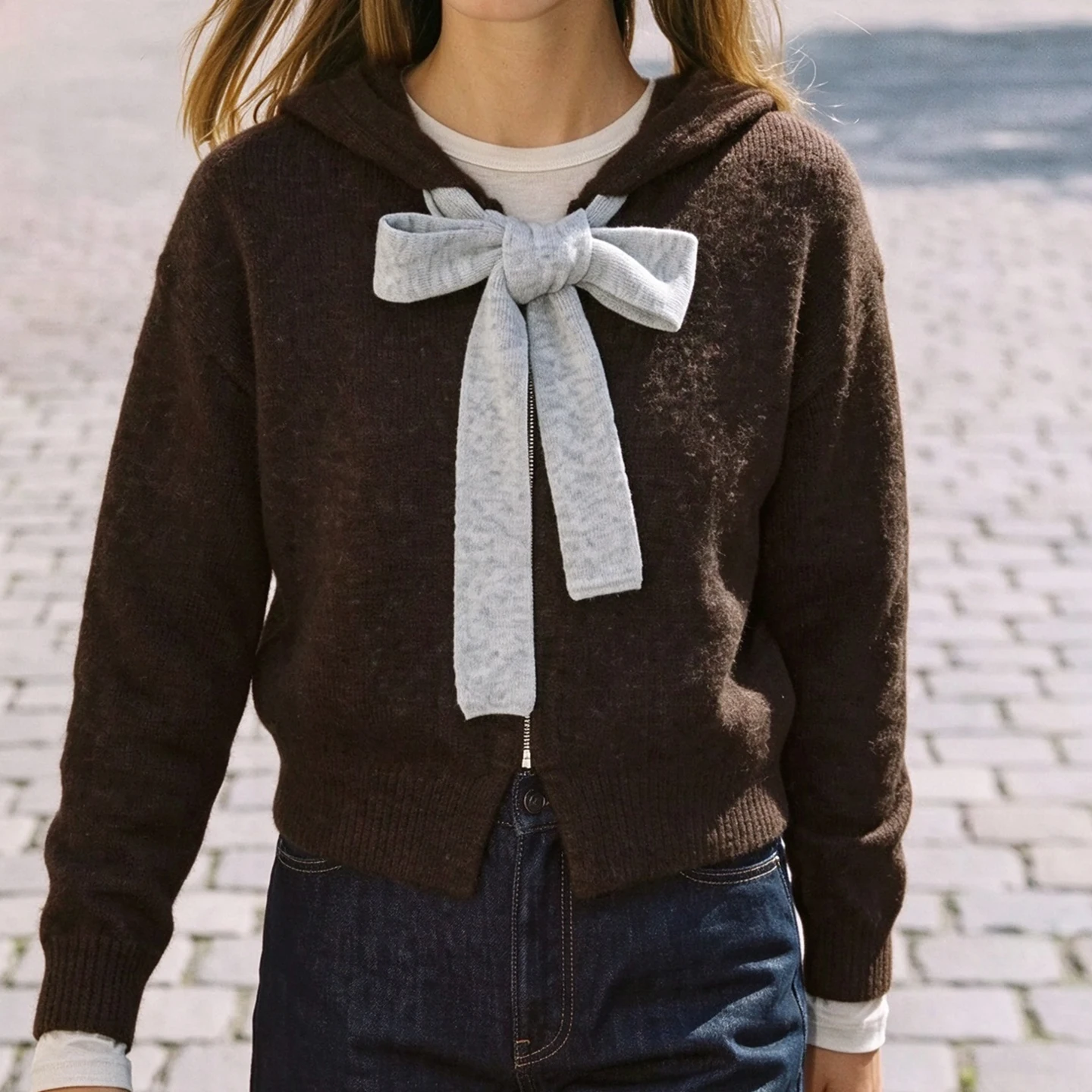 Sweet  Knot Long Sleeve Knitted Hoodie Cardigan Women's Fashion Autumn Wear ZADATA Standard Fit Regular Length Outer...